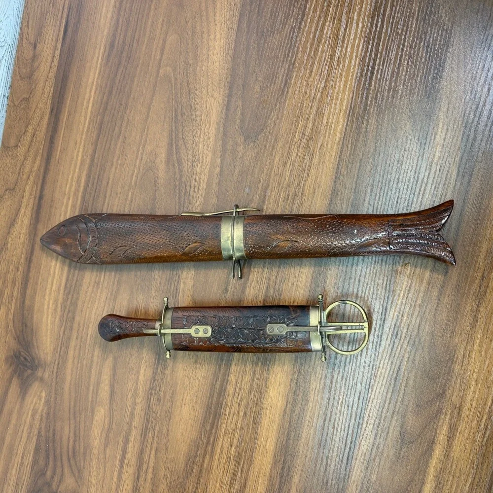VINTAGE India Hand Carved Wood and Brass Letter Opener Scissors and Knife Set